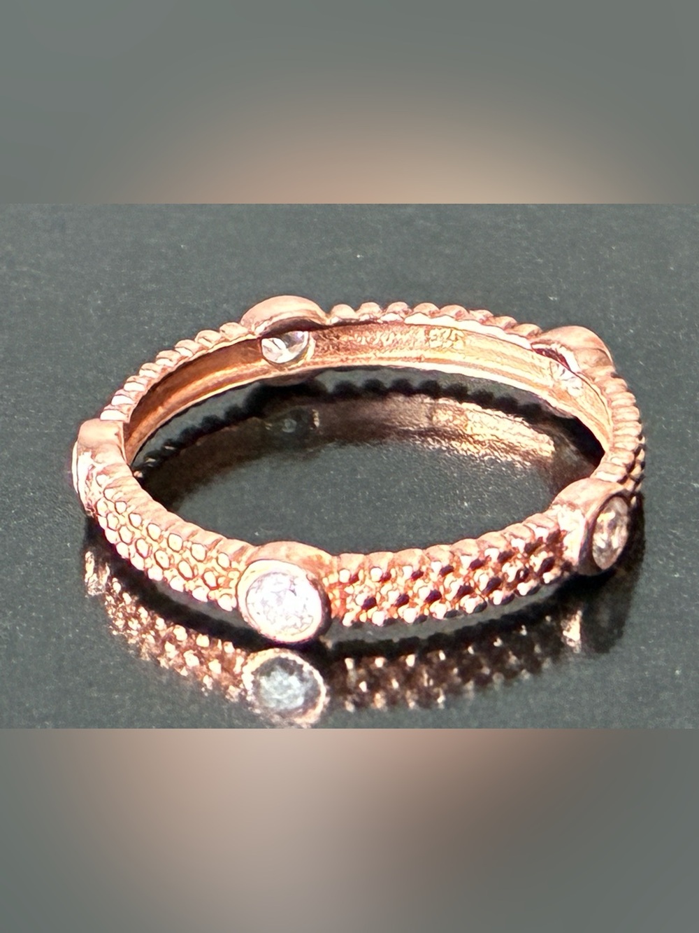 Rose Gold Textured Stackable Ring with CZ Accent